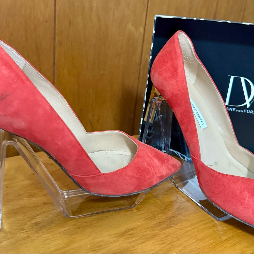 Diane von Furstenberg suede, gold heel, pumps, size 7.